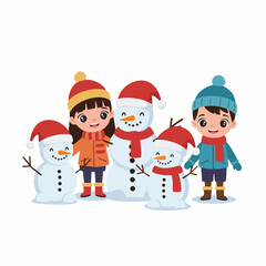 Cartoon Style Cheerful Children Building Snowman Illustration Winter Holiday
