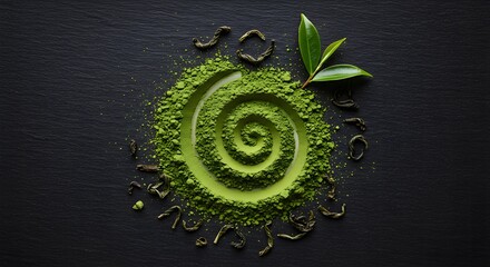 Stunning spiral of vibrant matcha tea powder with fresh leaves on dark slate background, offering a modern twist on a healthy lifestyle product promotion.