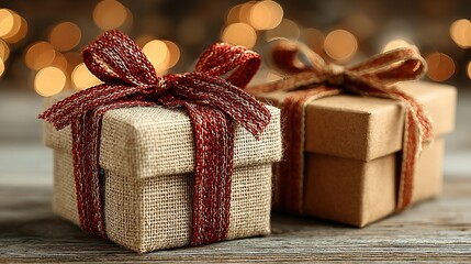 Two wrapped gifts with ribbons on a wooden surface with bokeh lights.