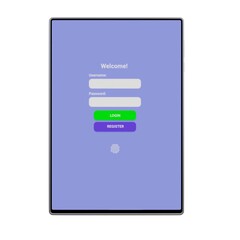 3D render of a modern tablet showing login interface with username and password fields, fingerprint icon, and green login button on white background representing online security, Isolated on White.