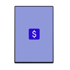 3D render of a modern tablet displaying a blue dollar symbol icon on a minimalist financial app interface, isolated on white background, representing fintech, digital payment, bank, Isolated on White.