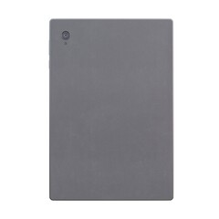 3D render of the back side of a modern digital tablet with single rear camera, minimalist gray metallic design isolated on white background, technology and device hardware concept illustration