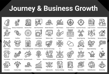 Journey & Business Growth Icon, Symbol Collection and Sheet containing: Business Brainstorming,Startup & Entrepreneur ,Business Plan,Idea Presentation,Market Research,Data Analysis,Target Audience