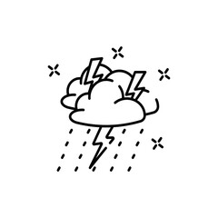 Stylized outline of a storm cloud with lightning strikes and falling rain dots on a transparent background symbolizing bad weather and electrical energy.
