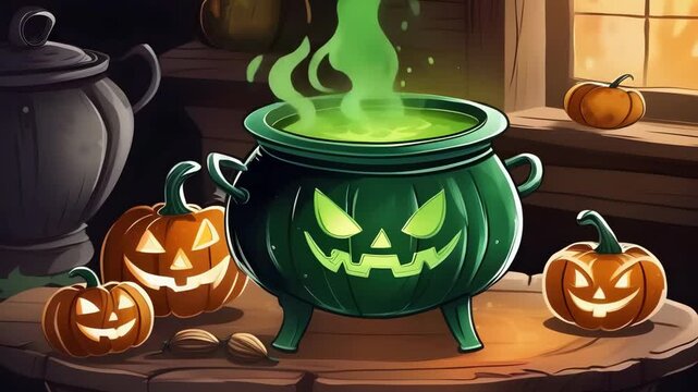 Cartoon witches cauldron filled with green potion surrounded by Halloween attributes like pumpkins, candles. Concept of Halloween decoration, children entertainment. 