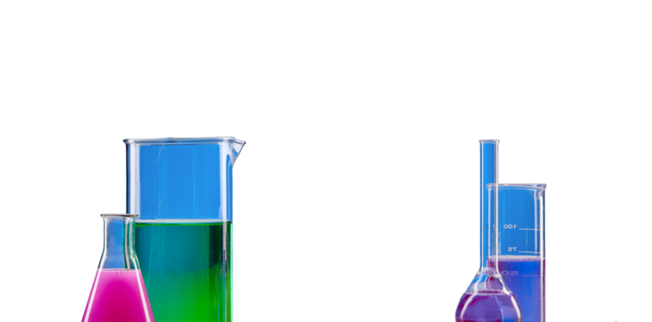 Colorful Chemical Liquids in Laboratory Glassware. Isolated on transparent background, png