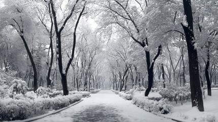 Whispers of winter: the silent path amidst whispering trees. Product showcase. Winter dreams: a pristine path through the snowy forest landscape. Visual identity. Luxury style.