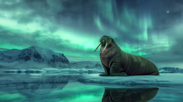 Morsa Majestosa Descansando em Bloco de Gelo com a Aurora Boreal
