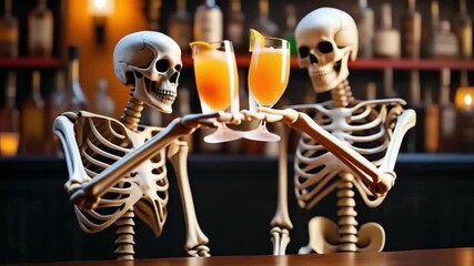 Skeletons couple sitting at a bar and drinking colorful cocktails under dim light, creating a humorous spooky scene. Concept of Halloween party, nightlife entertainment.