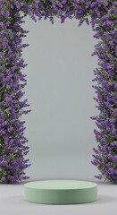Fototapeta premium Elegant product display with lavender floral borders and minimalist podium, ideal for showcasing products.
