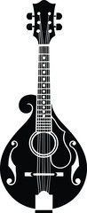 Black and white vector illustration of elegant mandolin musical instrument with detailed strings and curves for folk and classical music design
