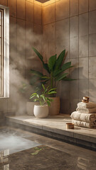 luxury spa room with tropical plants folded towels steam and warm light
