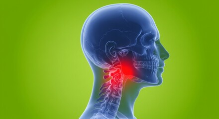 Obraz premium Anatomical scan displaying the skull and cervical spine with a highlighted area of pain.