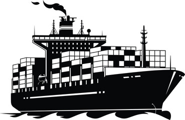 Obraz premium Black silhouette cargo container ship vector illustration with stacked shipping containers, ocean freight transport, maritime logistics, import export, global trade
