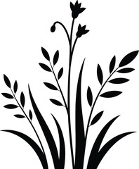 Black silhouette of decorative plant stems, curved leaves, and flower buds in symmetrical botanical style for nature-themed vector illustration design