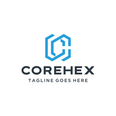 Modern initial letter C with geometric abstract line pattern in blue hexagon shape for data innovation technology business logo design