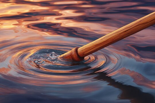 Oar dipping into water creating ripples with reflection
