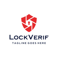 Modern shield with red aperture keyhole for digital security verification or future cybersecurity technology logo design