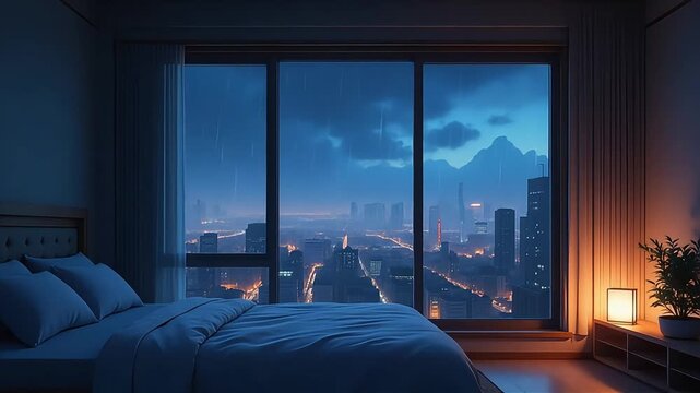animated virtual backgrounds, stream overlay loop, interior, cozy futuristic living room at sunset, vtuber asset twitch zoom OBS screen, chill anime lo-fi hip hop