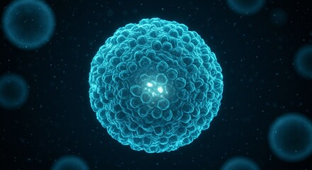 Naklejka premium Microscopic view of a blue virus cell floating in a dark background. Medical concept image.
