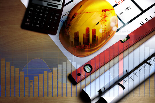 Engineering concept. Multiple exposure of construction drawings, bubble level, hard hat with building site and graphs - Powered by Adobe