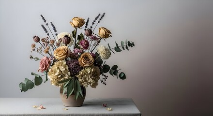 Dried floral arrangement with roses, lavender, and eucalyptus in