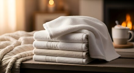 Cozy Scene: Stacked White Towels, Fireplace, and Warmth in Soft