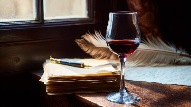 handwritten. Still life of handwritten manuscripts, a feather pen, and wine on a wooden desk. event programs, museum guides, designed for cultural heritage projects and event programs.
