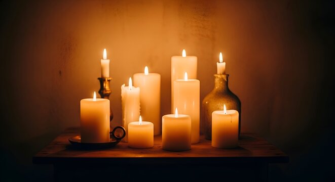 Warm candle glow illuminating a rustic wooden table with vintage
