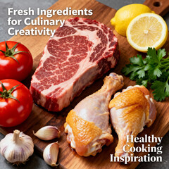 Discover a world of culinary possibilities with our selection of fresh ingredients. This image showcases a vibrant assortment of high-quality components, including succulent beef, tender chicken, ...