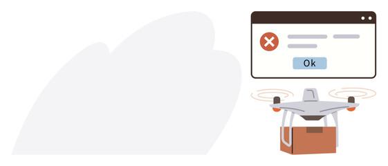 quadcopter carrying a package while a web error pop-up with an ok button is displayed. Ideal for logistics, technology, error handling, innovation, digital alerts, e-commerce, automation, simple flat