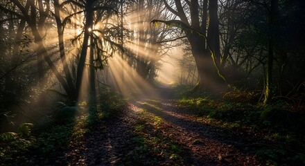 Obraz premium Sunbeams pierce through the misty forest, illuminating a winding