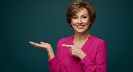 Smiling woman presenting with open palm and pointing finger against a dark teal background.