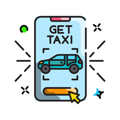 Pixel Art Icon of a Smartphone Displaying a Car and a Button Labeled Get Taxi With Sparkles and...