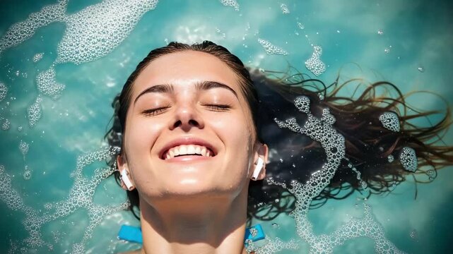 Relaxing summer vibes with a woman floating in a blue pool listening to music, pure bliss