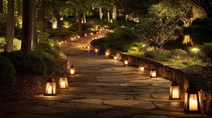 Obraz premium Pathway illuminated by lanterns at night in a beautiful garden