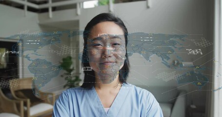 Medical worker in living room opening eyes and examining data, AR launching world map for insights - Powered by Adobe