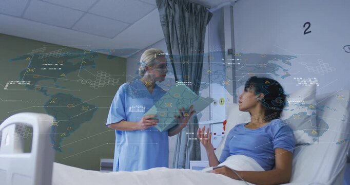 Nurse reading medical chart and activating holographic map as patient raising hand asking question
