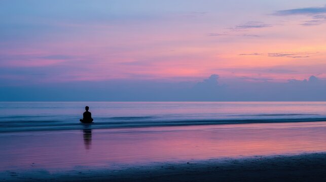 Person in meditation pose on beach during sunset