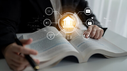 A concept of digital banking and online financial technology (FinTech) services. A central platform for secure transactions, support, and business finance. Motif