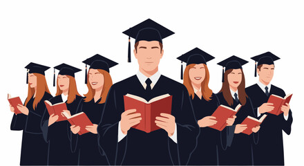 Obraz premium Flat Vector Illustration of Graduates Reading Books in Academic Gowns