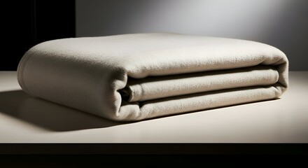 Folded Beige Blanket on Table with Dramatic Lighting and Shadows