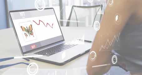 Woman moving cursor to butterfly NFT, zooming UI with HUD analytics and clicking buy amid downtrend - Powered by Adobe