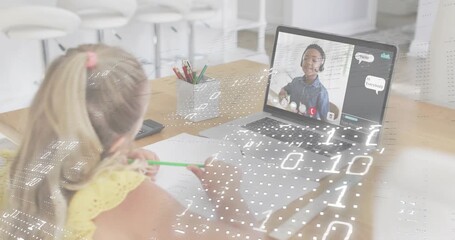 Girl opening laptop starting learning call watching boy teaching code with binary flow taking notes - Powered by Adobe