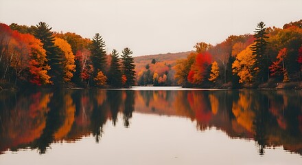 Obraz premium Autumnal Reflection: Vivid Foliage Mirrored in Calm Lake Watersc