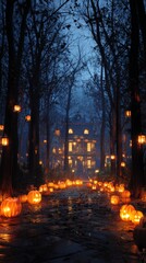 Enigmatic halloween night: haunted house with glowing pumpkins in a dark forest. Designer fashion. Dark night enigma: halloween forest and haunted house shrouded in mystery. High-class shoot.