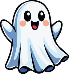 Cute smiling ghost character with blushing cheeks waving happily for Halloween theme