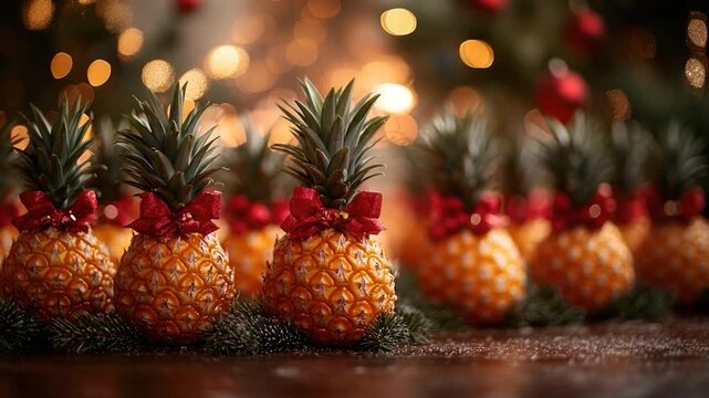 Fresh pineapples decorated with colorful bows, ideal for still life photography, gift wrapping or marketing materials