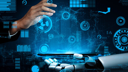 This image presents a futuristic concept of human-robot interaction, showcasing digital data visualization alongside a smart device in an immersive cyber environment. Xenic