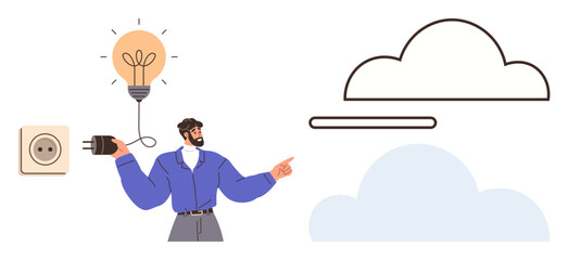 Person pointing toward cloud and holding power cord connected to lightbulb, representing innovation and data storage. Ideal for technology, cloud computing, innovation, connection, energy